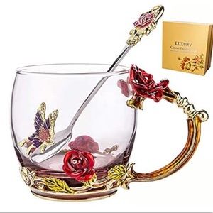 NIB glass and enamel tea cup